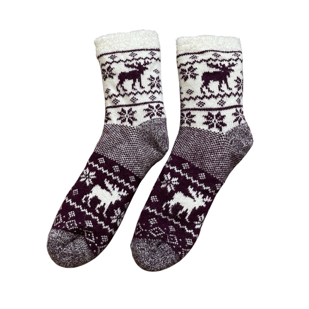 Fair Isle Fluffy Lined Cabin Socks Maroon Red White Deer Print Comfy Women's 6-8